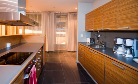 Deluxe Penthouse, 3 Bedrooms | Private kitchen | Fridge, microwave, oven, stovetop