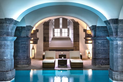 Indoor pool, open 9:00 AM to 8:00 PM, sun loungers
