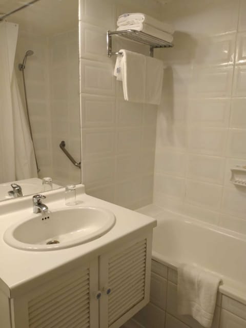 Combined shower/tub, free toiletries, hair dryer, towels