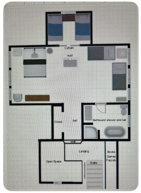 Upstairs - 3rd bedroom and 4th "bedroom" space separated by a privacy curtain