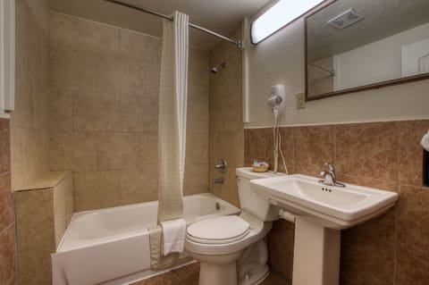 Combined shower/tub, free toiletries, hair dryer, towels