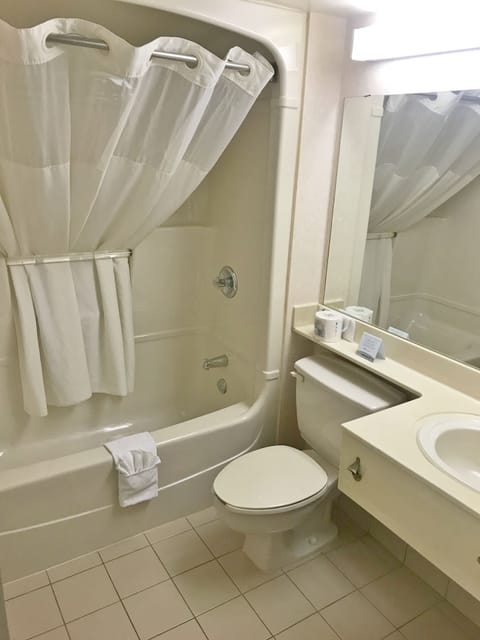 Combined shower/tub, free toiletries, hair dryer, towels