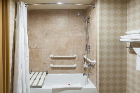 Combined shower/tub, free toiletries, hair dryer, towels