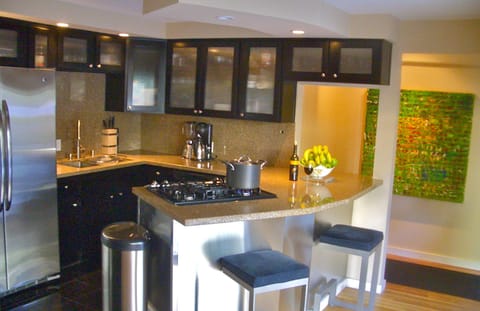 Fully equipped gourmet kitchen. The kitchen looks out on a beautiful garden.