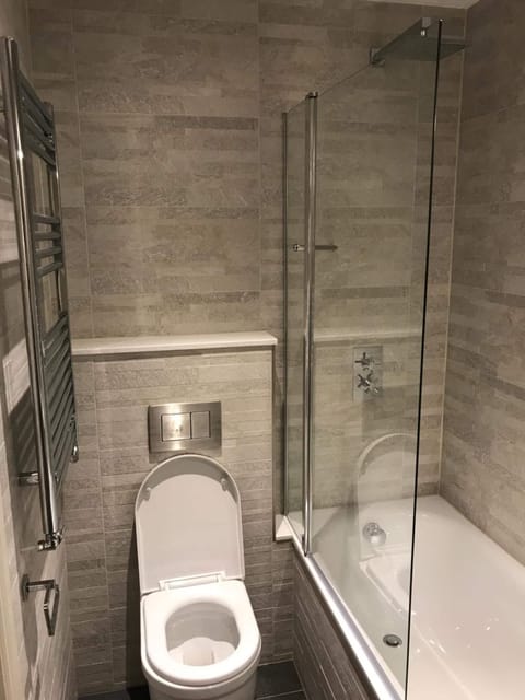 Combined shower/tub, free toiletries, hair dryer, towels