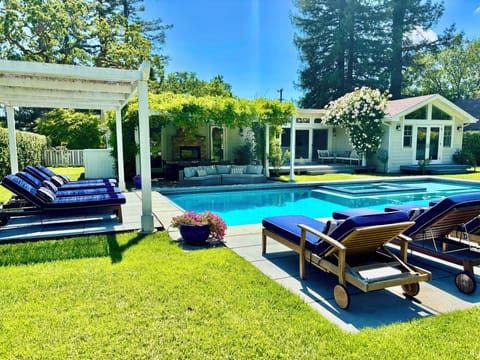 Large backyard with pool and spa