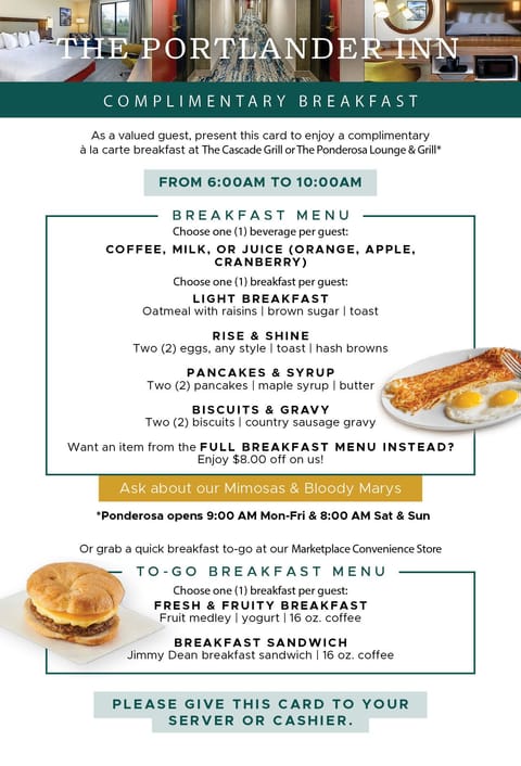 Free daily cooked-to-order breakfast