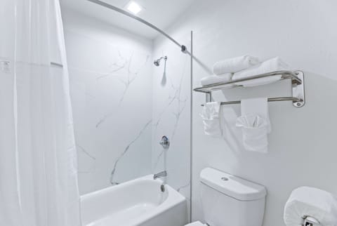 Combined shower/tub, free toiletries, hair dryer, towels