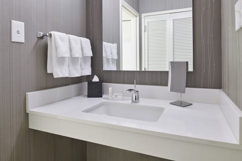 Combined shower/tub, free toiletries, hair dryer, towels