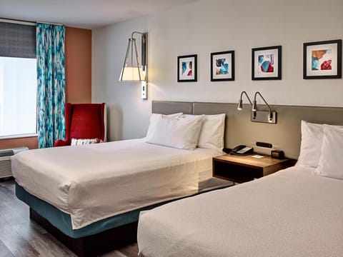 Desk, laptop workspace, blackout drapes, iron/ironing board