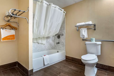 Combined shower/tub, hair dryer, towels