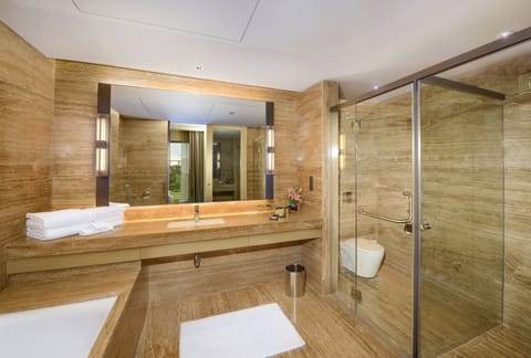 Separate tub and shower, deep soaking tub, rainfall showerhead