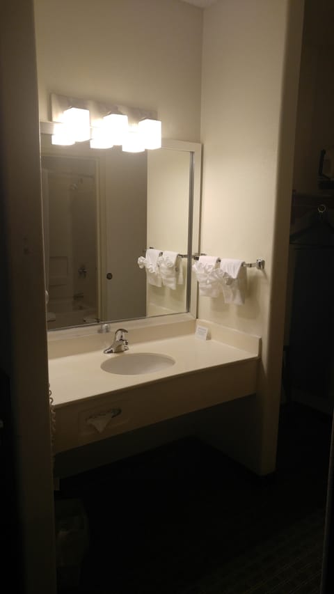 Combined shower/tub, free toiletries, hair dryer, towels