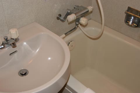 Combined shower/tub, free toiletries, hair dryer, slippers