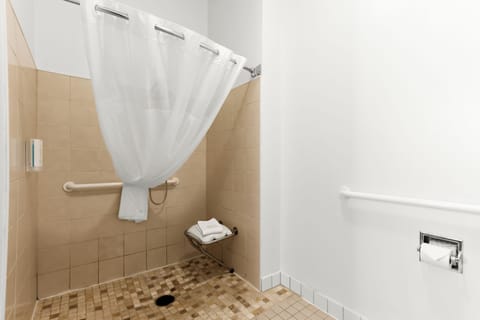 Combined shower/tub, free toiletries, hair dryer, towels