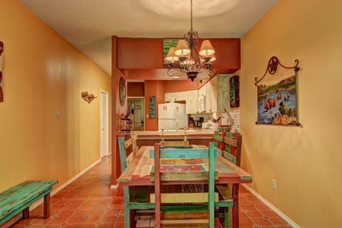 Dining table that seats six.