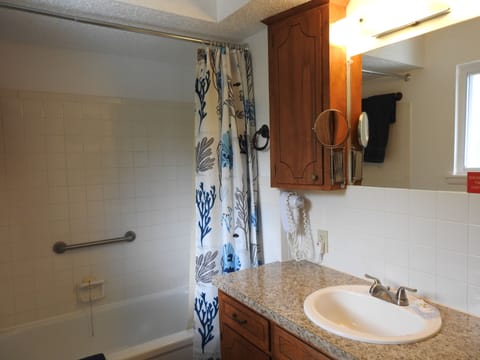 Suite, 2 Bedrooms, 1 Bathroom, Refrigerator & Microwave, Ground Level | Bathroom | Combined shower/tub, free toiletries, hair dryer, towels