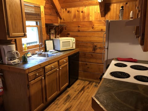 Locust Ridge Romantic Cabin | Private kitchen | Fridge, microwave, oven, stovetop