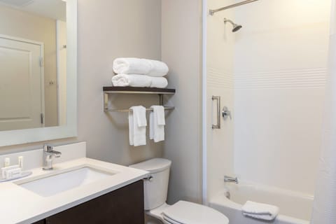 Combined shower/tub, free toiletries, hair dryer, towels