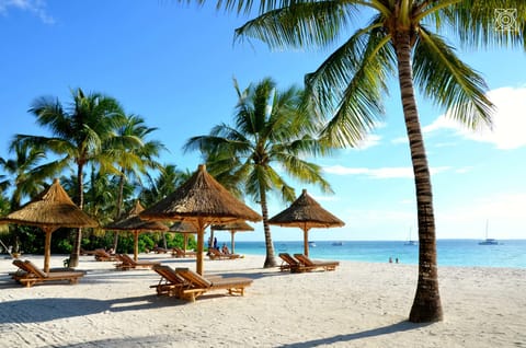 On the beach, white sand, sun loungers, beach umbrellas