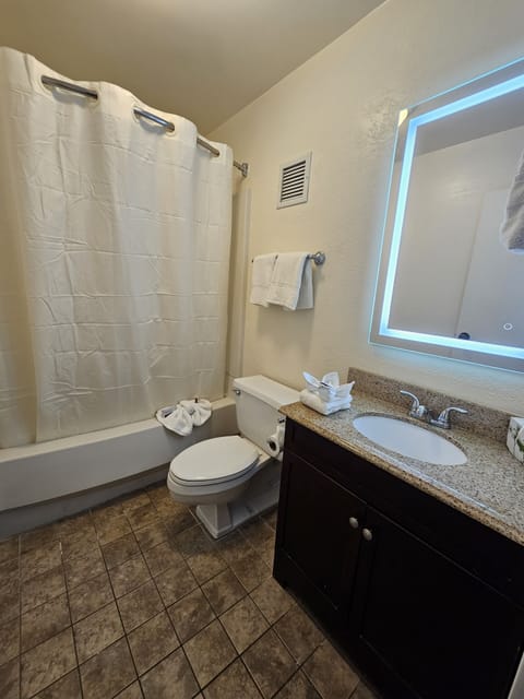 Combined shower/tub, hair dryer, towels