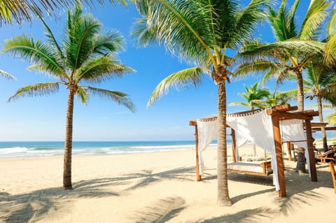 On the beach, beach umbrellas, beach towels, beach bar