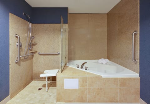 Separate tub and shower, hair dryer, towels