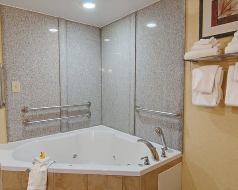 Combined shower/tub, free toiletries, hair dryer, towels