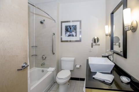 Combined shower/tub, free toiletries, hair dryer, towels