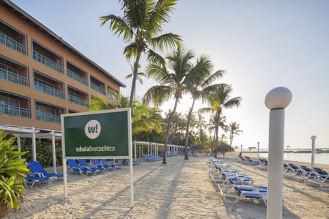 On the beach, white sand, sun loungers, beach umbrellas