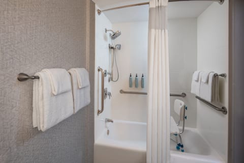 Combined shower/tub, free toiletries, hair dryer, towels