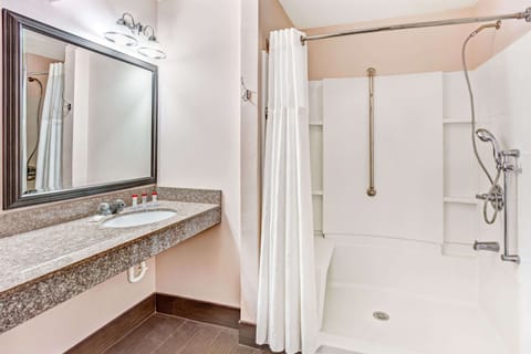 Combined shower/tub, deep soaking tub, free toiletries, hair dryer