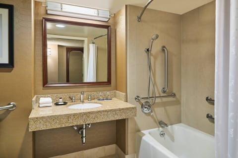 Combined shower/tub, free toiletries, hair dryer, towels