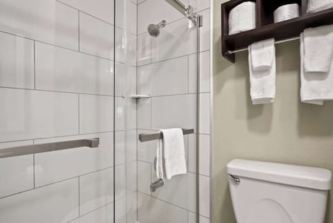 Combined shower/tub, free toiletries, hair dryer, towels