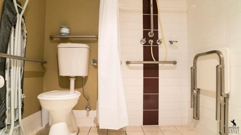 Combined shower/tub, free toiletries, towels