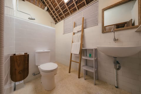 Deluxe Cottage, 2 Bedrooms, Oceanfront | Bathroom | Shower, free toiletries, bathrobes, towels