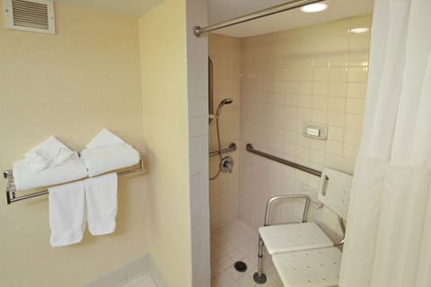 Combined shower/tub, free toiletries, hair dryer, towels