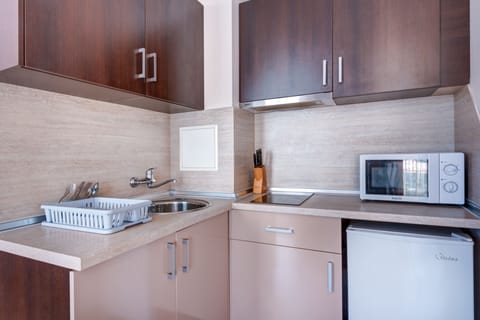 Studio | Private kitchen | Fridge, microwave, electric kettle, cookware/dishes/utensils