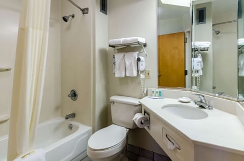 Combined shower/tub, deep soaking tub, free toiletries, hair dryer