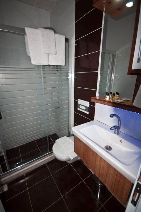 Shower, free toiletries, hair dryer, slippers