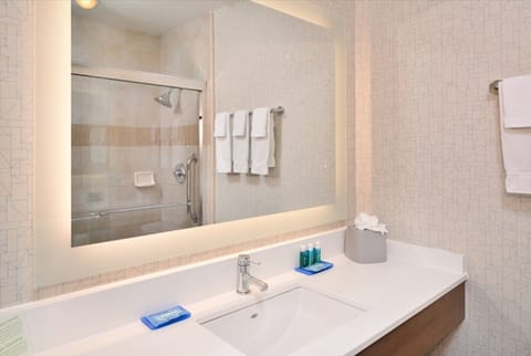 Combined shower/tub, eco-friendly toiletries, hair dryer, towels