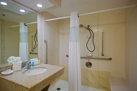 Room, 1 Queen Bed, Accessible (Roll-In Shower) | Bathroom | Combined shower/tub, free toiletries, hair dryer, towels