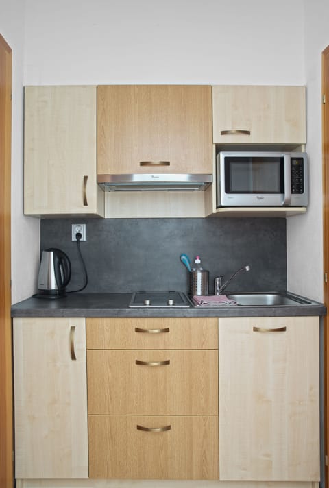 Fridge, microwave, stovetop, electric kettle