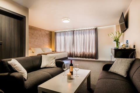 Superior Suite, 1 King Bed (Street view) | Living room | 40-inch flat-screen TV with cable channels, TV