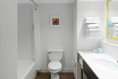 Room, 2 Queen Beds, Refrigerator & Microwave | Bathroom | Combined shower/tub, hair dryer, towels, soap