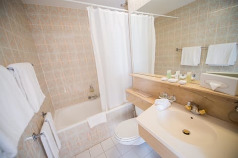 Combined shower/tub, free toiletries, hair dryer, towels