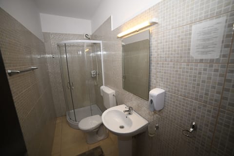 Combined shower/tub, free toiletries, hair dryer, towels