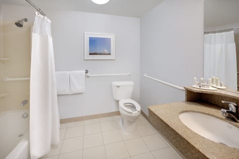 Combined shower/tub, free toiletries, hair dryer, towels