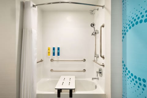 Shower, hydromassage showerhead, free toiletries, hair dryer