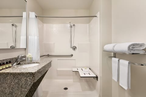 Designer toiletries, hair dryer, towels